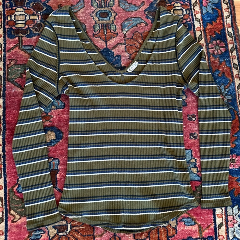 Free People Olive Striped Long Sleeve Tee